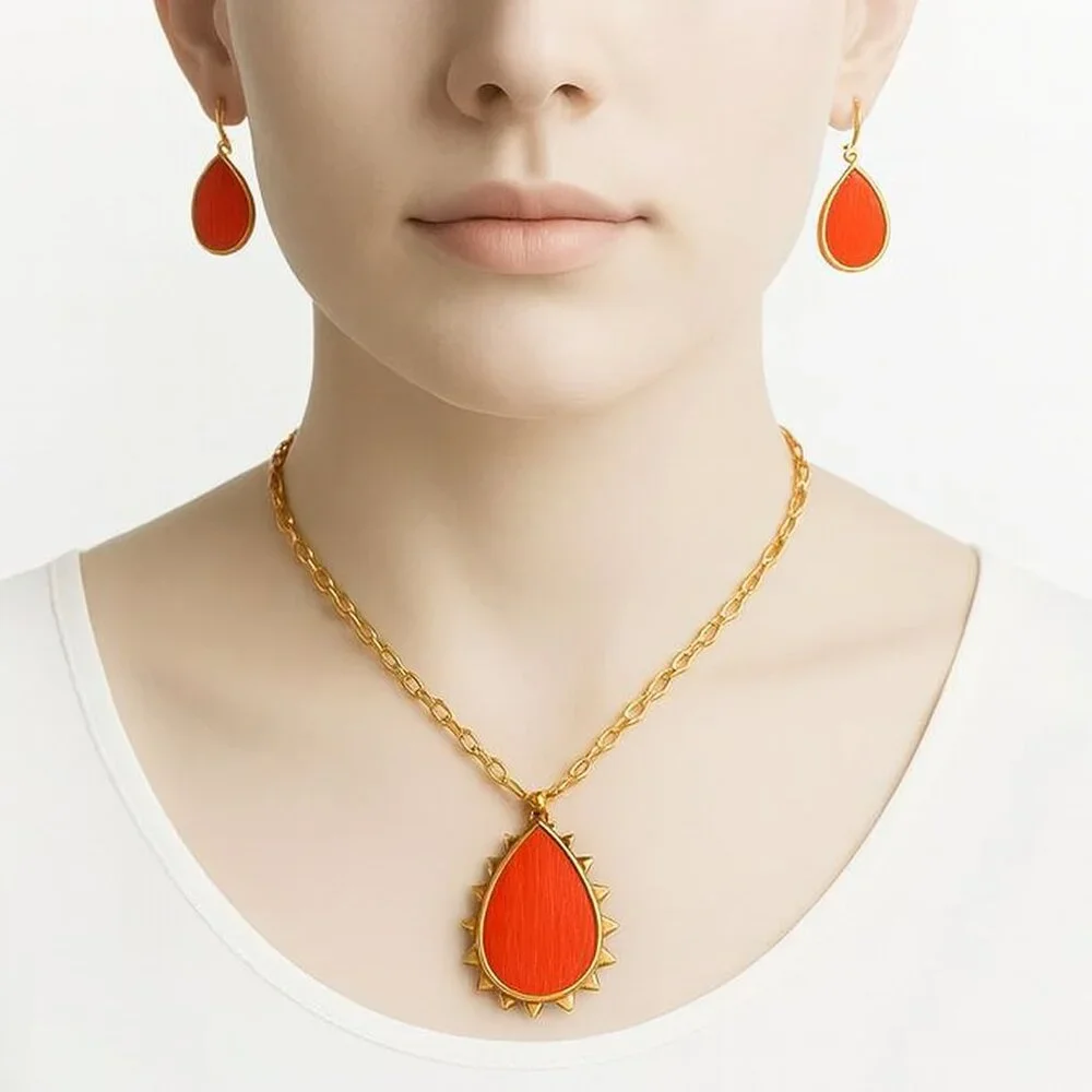 Red Teardrop Necklace & Earrings Set – Gold Statement Pendant Jewelry for Women